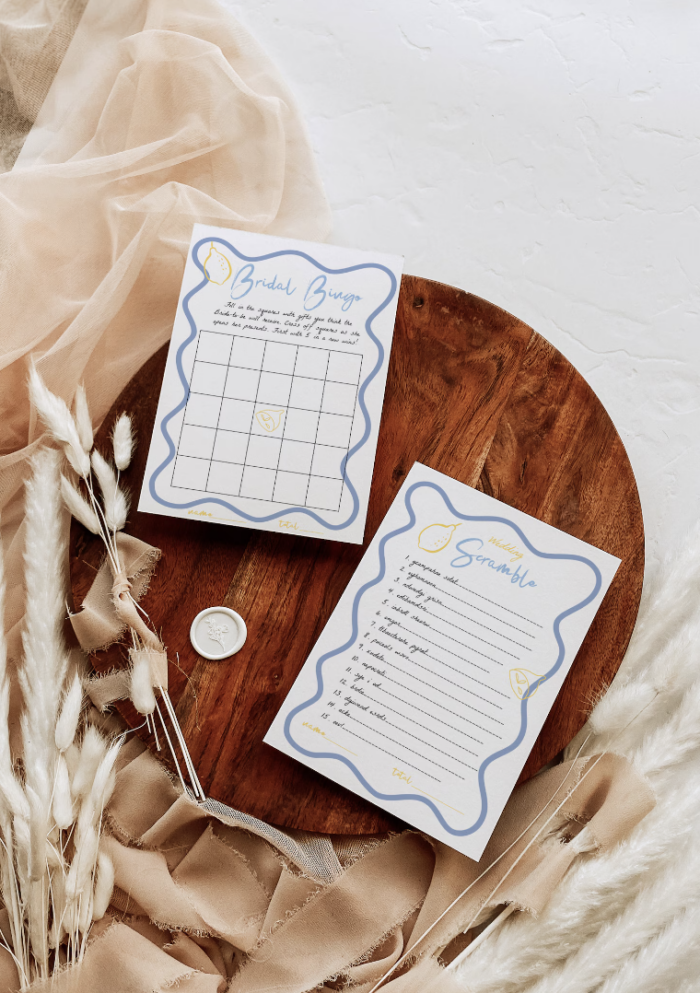 Bridal Bingo and Scramble on a wooden table. 