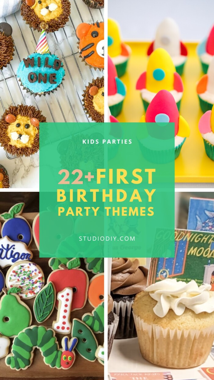Collage of first birthday party themes