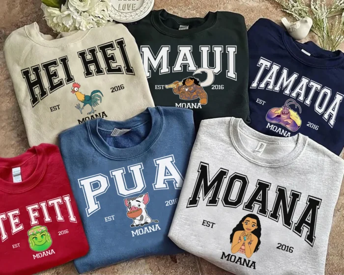 Sweatshirts with different Moana characters on them. 