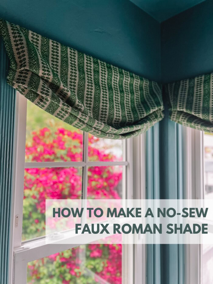 How To Make A NoSew Faux Roman Shade text over photo of roman shade
