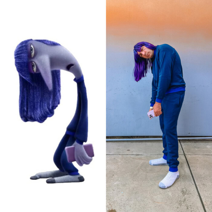 Man in Ennui costume from Inside Out 2 side by side with Ennui character