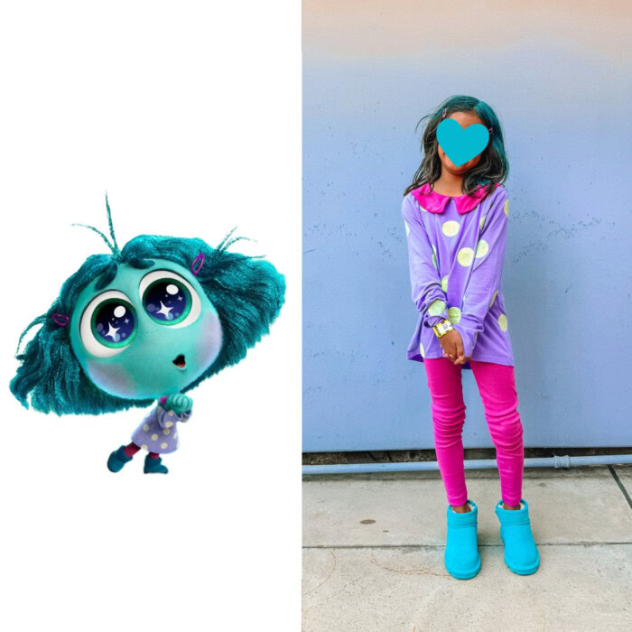 Side by side of Envy and child in costume from Inside Out 2