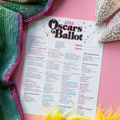 2025 Free Printable Oscar Ballot on pink with sequins, feathers and shoes