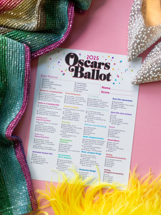 2025 Free Printable Oscar Ballot on pink with sequins, feathers and shoes