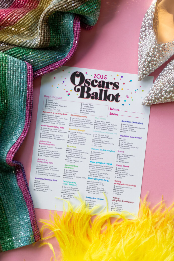 2025 Free Printable Oscar Ballot on pink with sequins, feathers and shoes