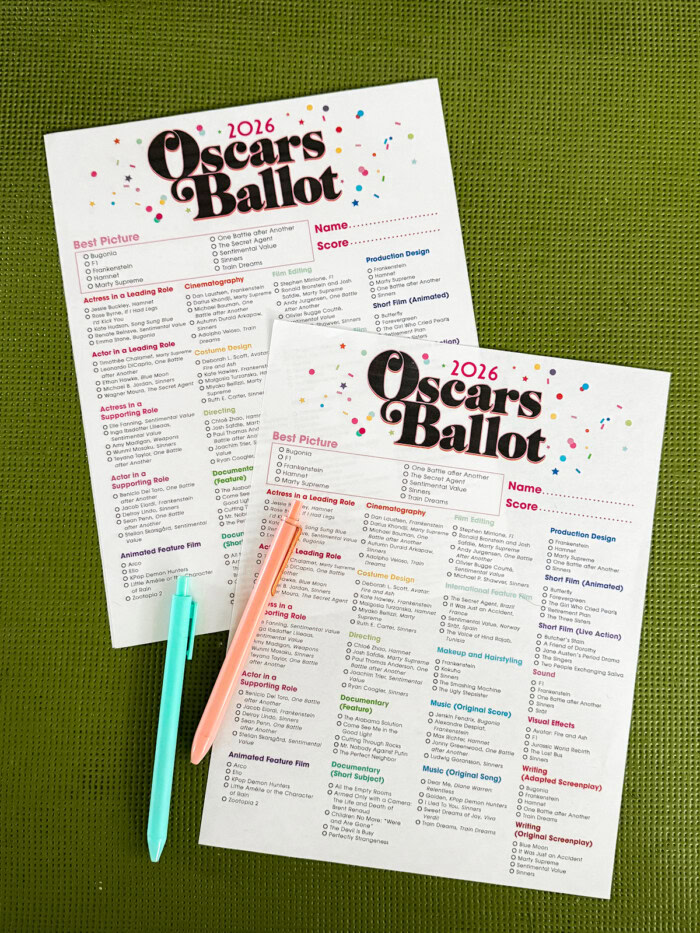 2026 Oscars ballot free printable on green table