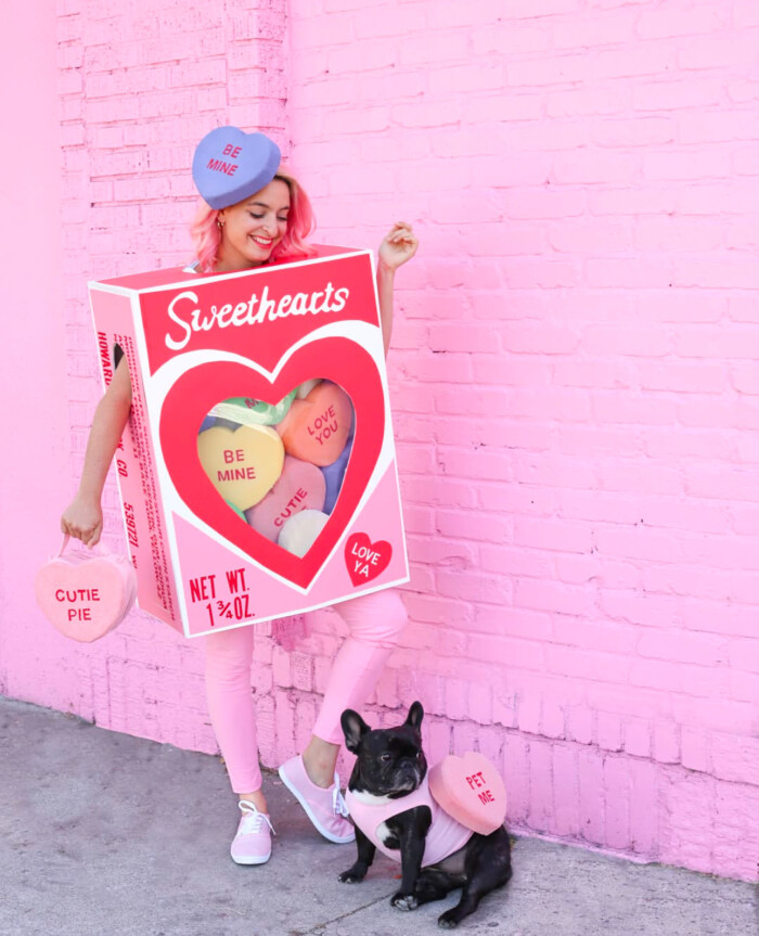 woman wearing conversation heart costume