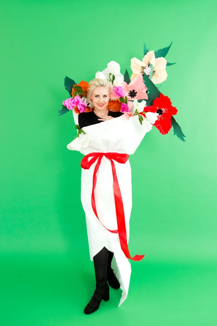 woman wearing flower bouquet costume