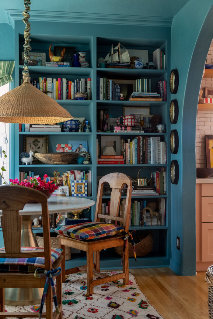 dining room with bold colors and blue walls