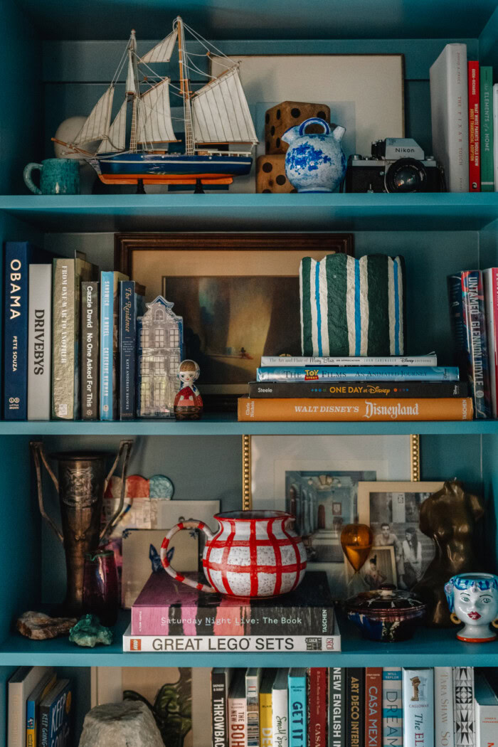 bookshelves in a dining room